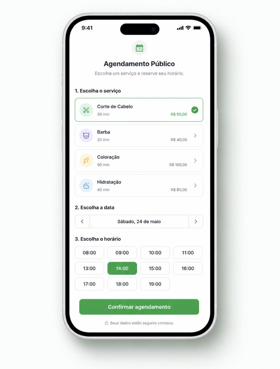 Página pública de agendamento com serviços e horários disponíveis