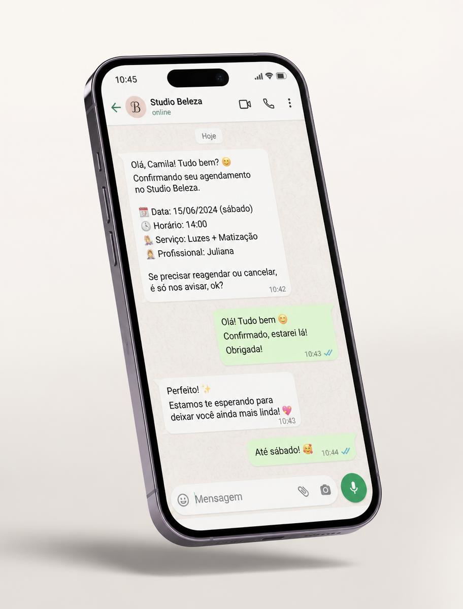 Celular exibindo a confirmação de um agendamento pelo WhatsApp